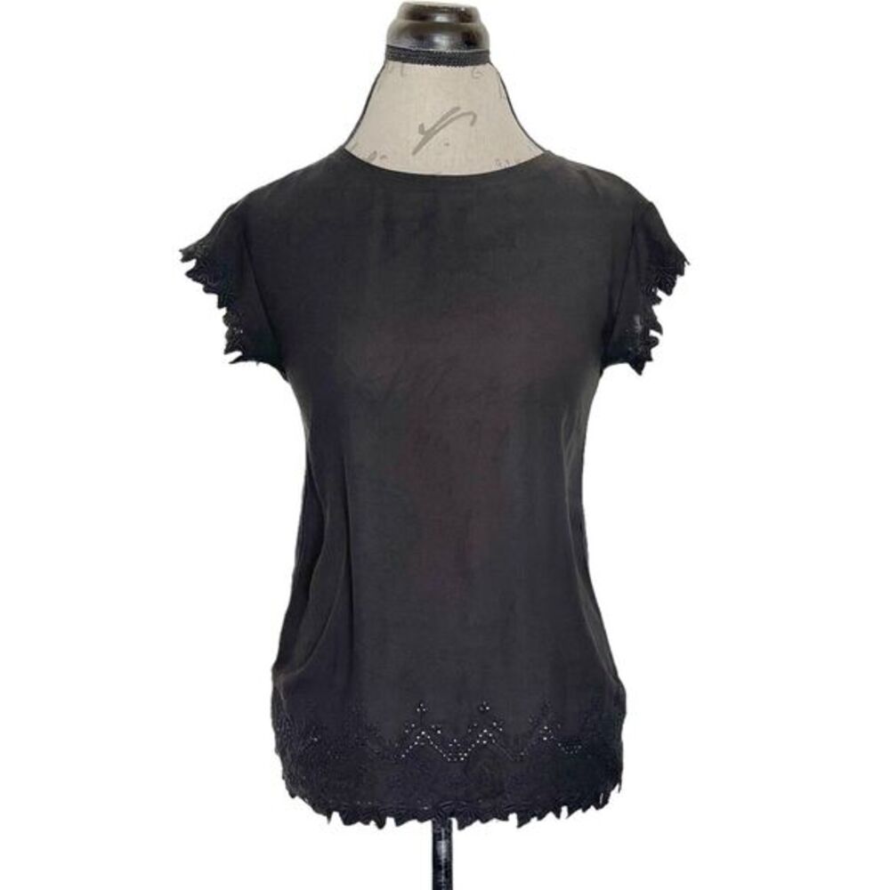 Loft Womens Floral Top Blouse Embroidered Black Short Sleeve Eyelet Size XS